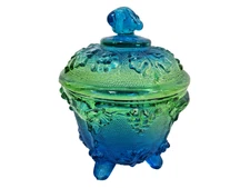 Vintage Jeannette Glass Blue Green Grape Leaf Footed Covered Candy Dish Jar