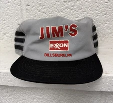 VINTAGE Jims EXXON 3 Stripe Snapback 70s Trucker Hat USA TEXTURED PUFFY PRINT