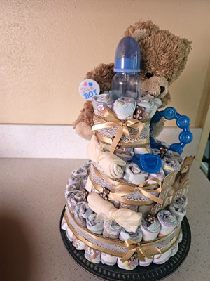 Handmade Baby Boy Diaper Cake Gift w/ Teddy Bear & Baby Bottle