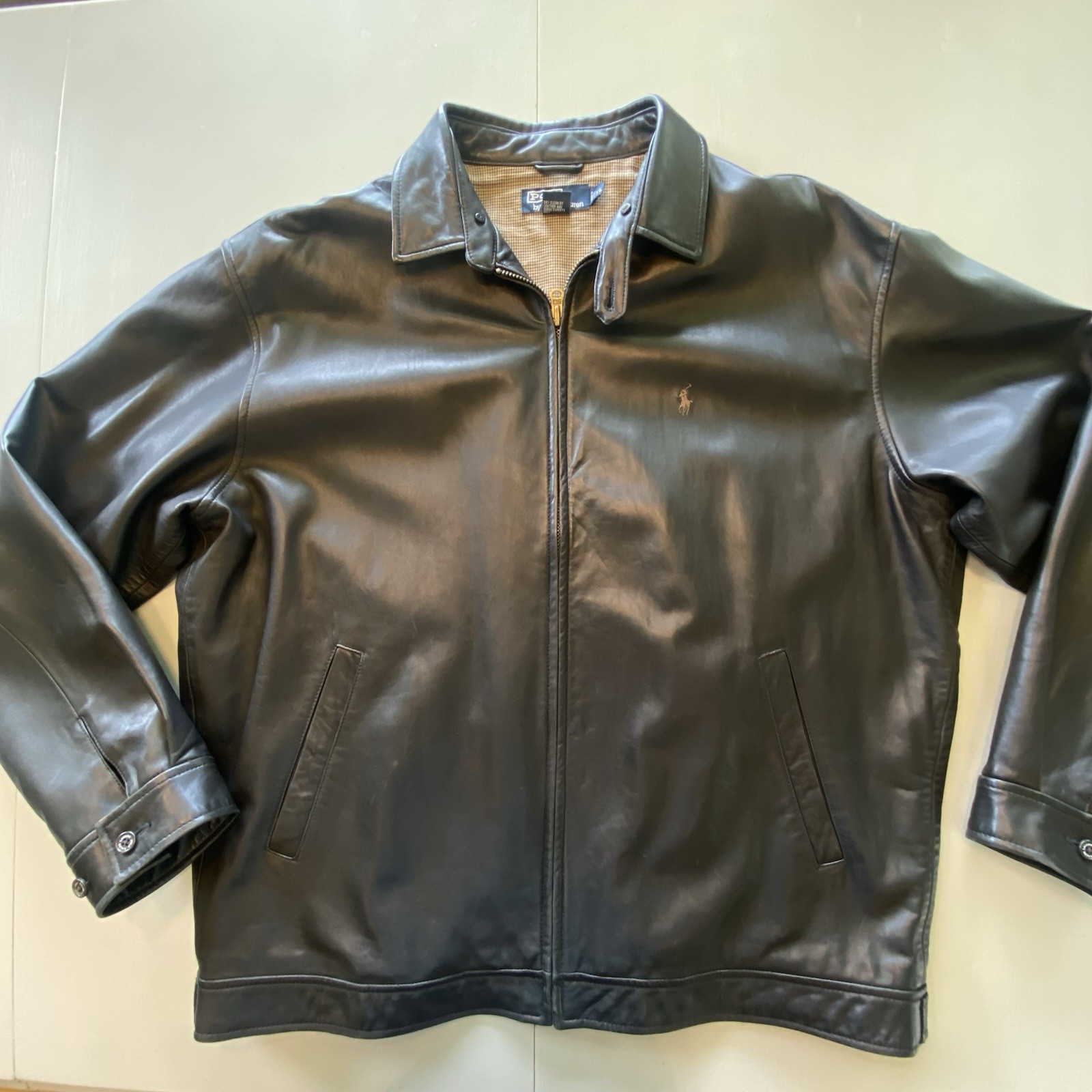 VTG Polo Ralph Lauren Black Leather Jacket 90s Houndstooth Lined Mens XL MINT!
