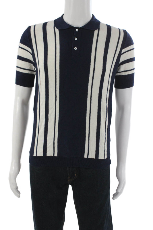 Max N Chester Mens Short Sleeve Collared Knit Striped Shirt Navy White Small