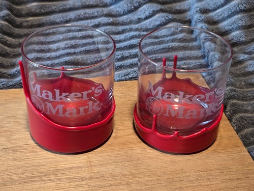 Set of 2 Maker's Mark Red Wax Drip Bourbon Whiskey Logo Rock Glasses