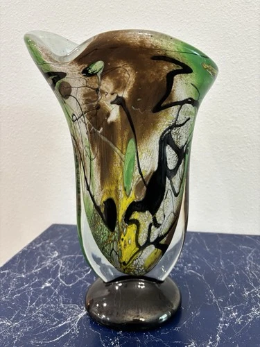 Signed Murano Art Glass Vase – Abstract Green Yellow Black – Nino Toso