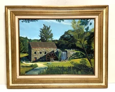 Vintage Original Painting Old Stone Mill Landscape Framed 26x32" Signed Framed