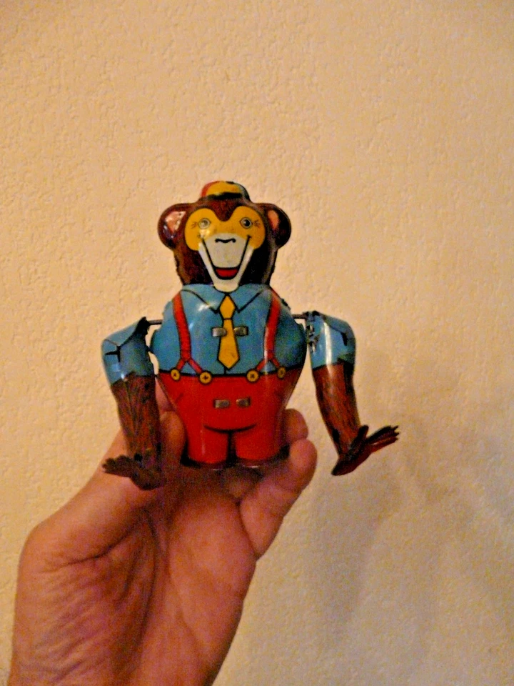 ANCIEN JOUET MECANIQUE EN TOLE LITHO-SINGE ACROBATE-JOUSTRA-CIRQUE-ANNEE 1950 - Photo 4/4