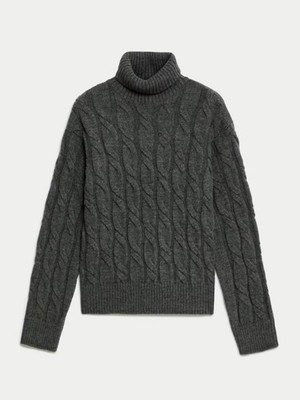 ex M&S Strickpullover grau Zopfmuster Rollkragenpullover bequem Lagenlook Oberteil