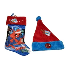 21" Ruz Marvel Spider-Man Super Hero Embroidered Stocking & Santa Hat Lot
