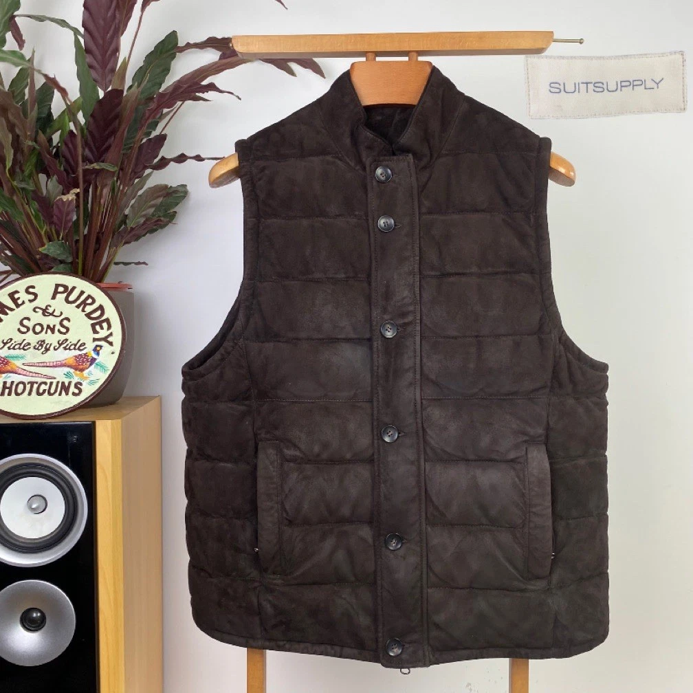 SUITSUPPLY (XL) Suede Leather Gilet Body-Warmer Quilted Down Waistcoat Brown