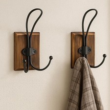 2-Pack Rustic Wood Wall Hooks - Wall Mounted or Adhesive Coat Rack for Bathro...