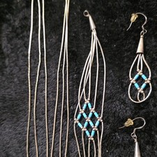 Navajo Native American Silver Turquoise Jewelry Set Necklace Earrings