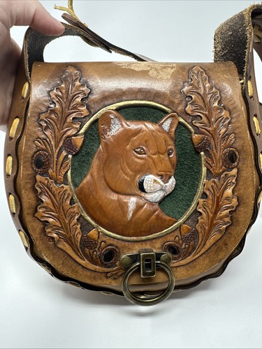 Vintage 1970s Tooled Leather Hand Carved Hand Painted Cougar Purse