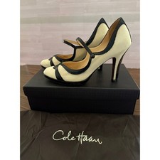 Cole Haan Joelle Women Mary Jane Heels 9B Canvas Scalloped Trim Box Dust Bag