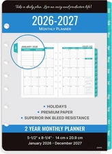 2026-2027 Monthly Planner Refill - Planner Inserts with 7-Hole Punched, 5-1/2" X