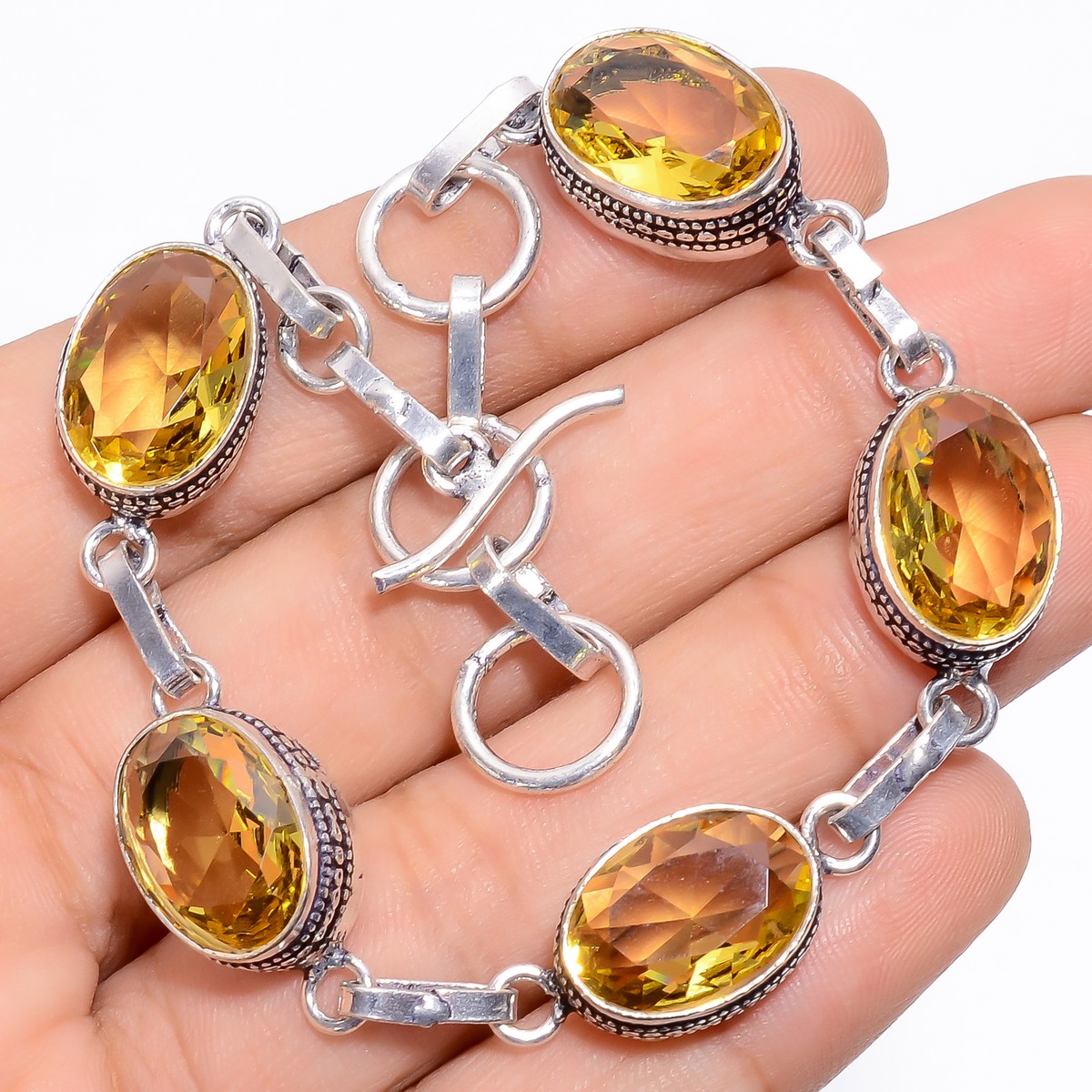 Lab-Created Citrine Gemstone Fashion Jewelry 925 Silver Bracelet