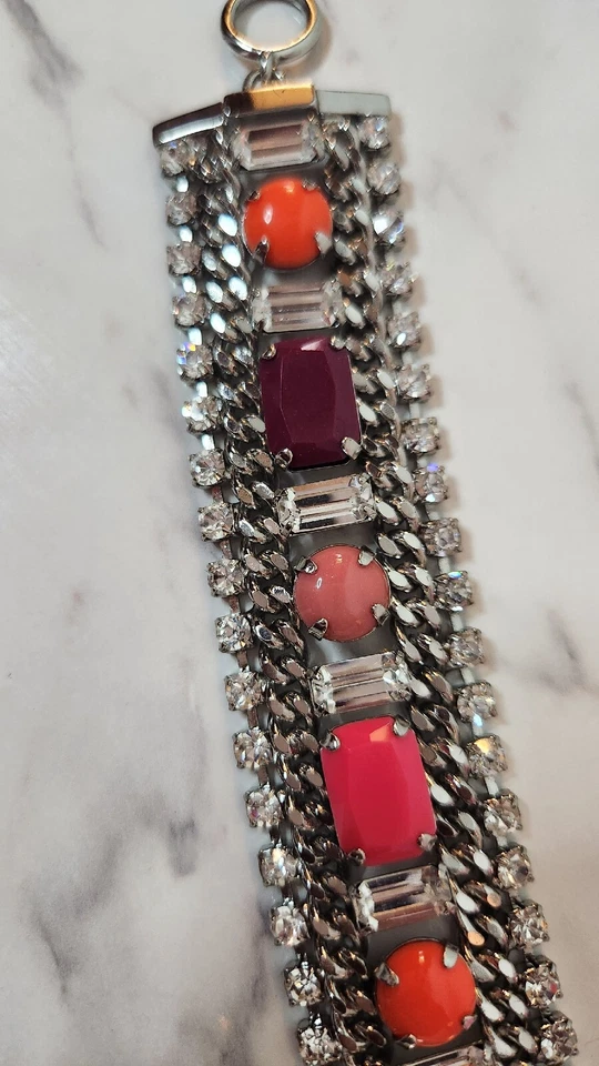 Juicy Couture Silver Tone Neon Rainbow Crystal Rhinestone Wide Toggle Bracelet - Image 3 of 4