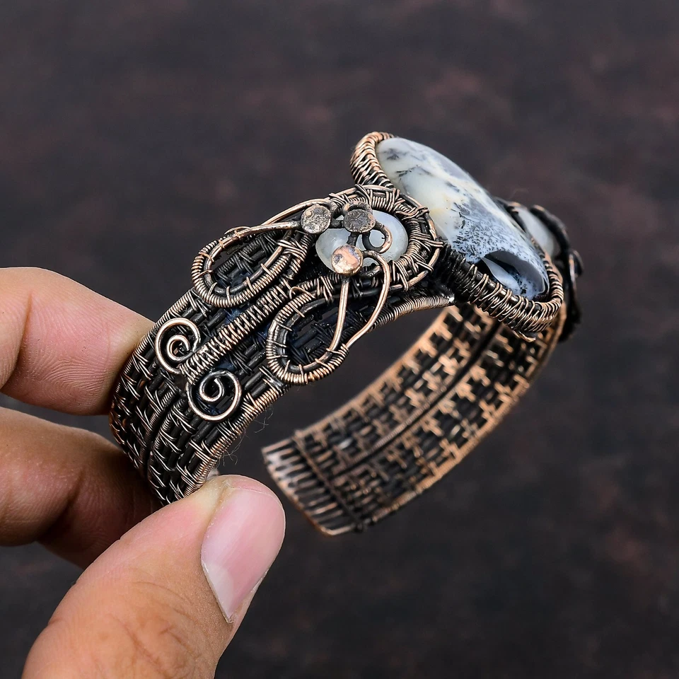 Дендритовый опал проволока обернутый регулируемый браслет ручной работы медь этнический подарок - Изображение 4 из 4