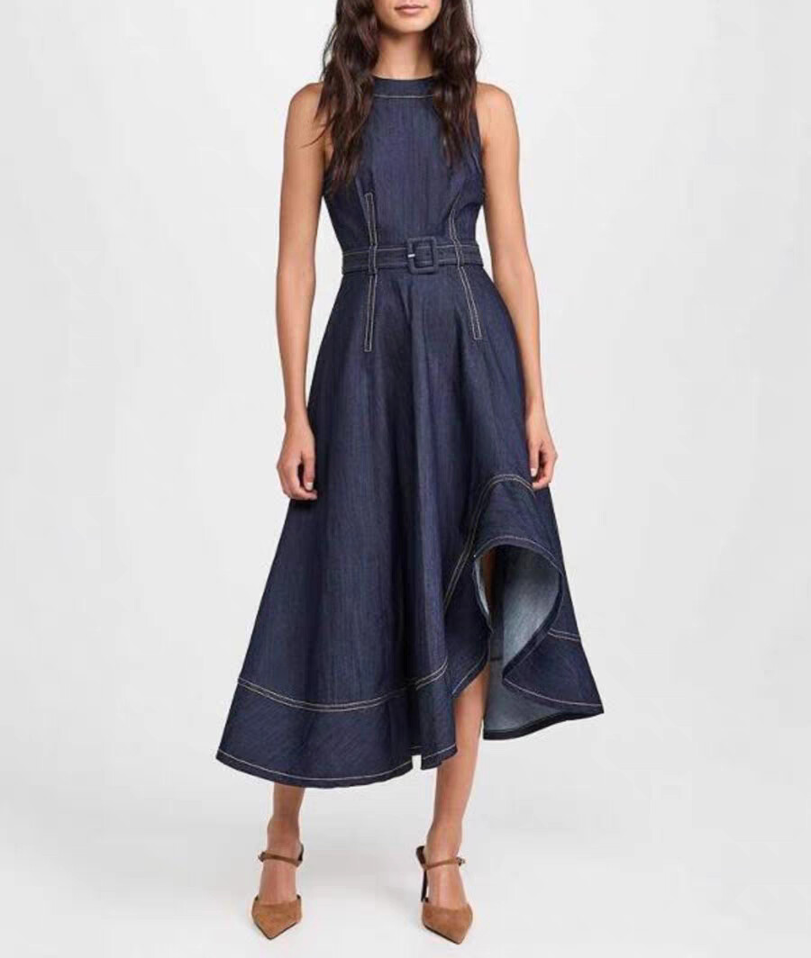 AUTH Women Cinq A Sept Cotton Round Neck Denim Fit & Flare Tank Midi Dress