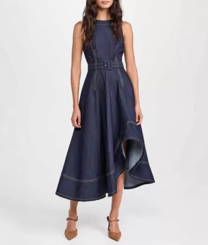 AUTÉNTICO Vestido Midi Sin Mangas Cinq à Sept Algodón Cuello Redondo Denim Calce y Acampanado para Mujer - Imagen 2 de 13