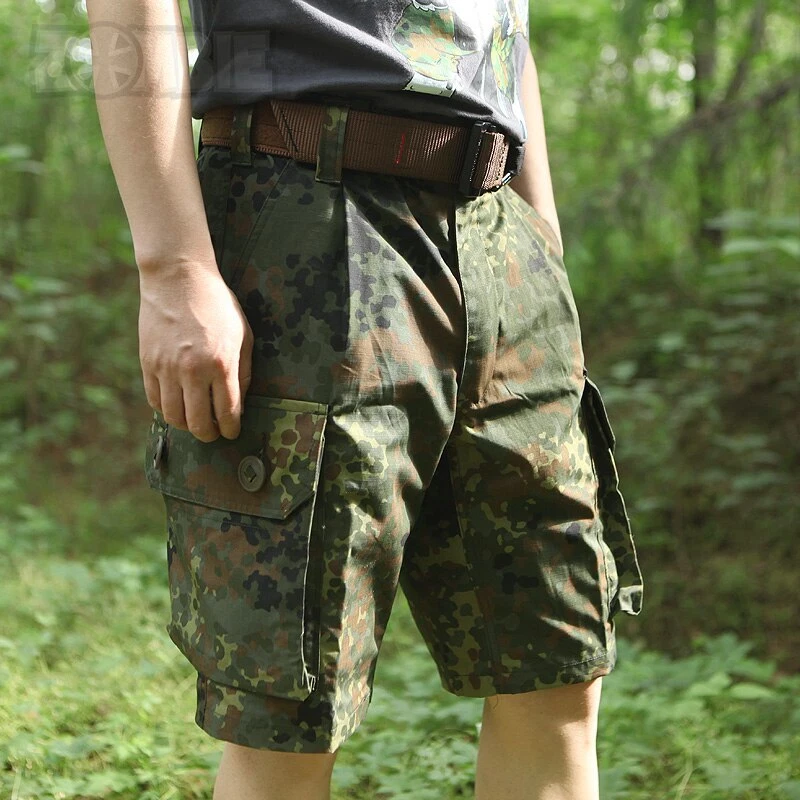 German Flecktarn Camo Tactical Shorts Multi-pocket Cargo Casual Pants Waterproof