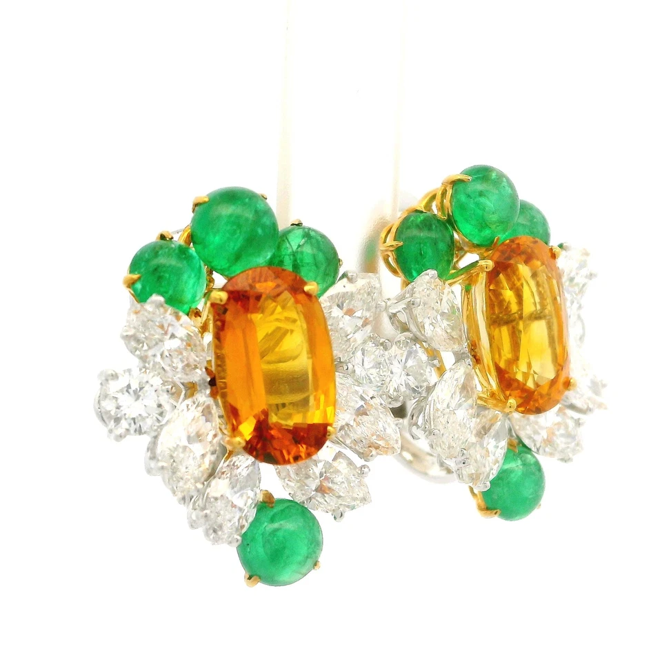 Pendientes de diamantes esmeralda zafiro amarillo naranja de 15,81 quilates de platino y oro GIA Foto 2 de 4