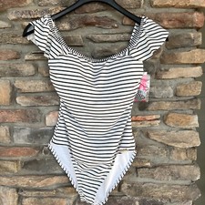 Vince Camuto Women's White Black Ruffle Shoulder One-Piece Swimsuit Sz 8 10 NWT