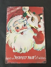 Vintage Kitschy Retro Inspired Santa And  Rudolph Christmas Tin Poster Sign