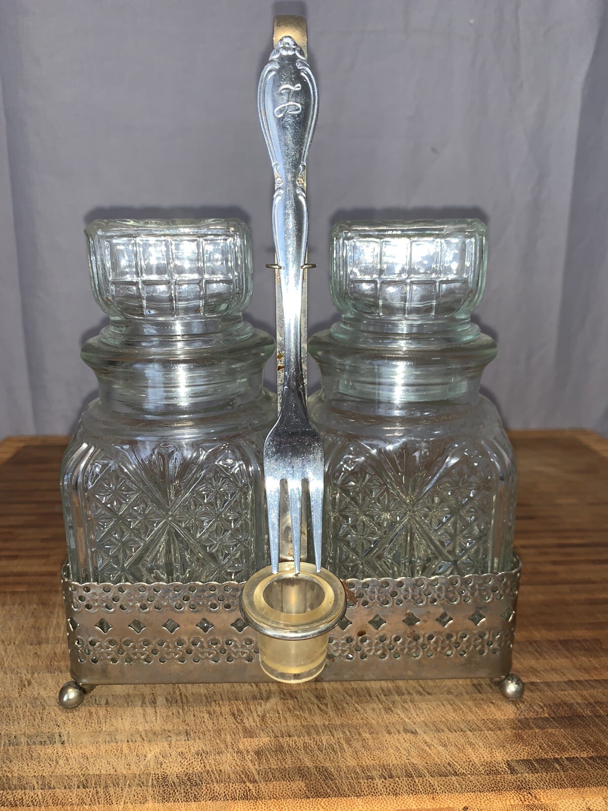 Vintage Antique Pickle And Olive Condiment Caddy With 2 Jars Fork And