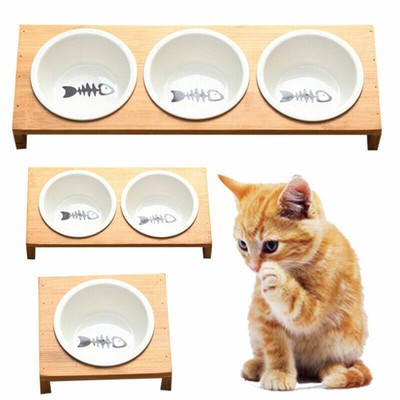 Elevated Dog And Cat Bamboo Pet Feeder Ceramic Bowl Raised Stand 1