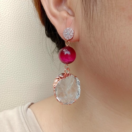 Fuchsia Tiger Eye Clear Quartz Rough Raw Coin Shape Dangle Stud Earrings - Picture 5 of 6
