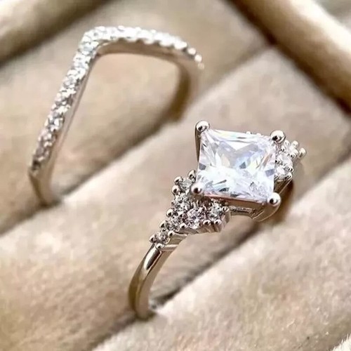 Vintage Style Princess Cut Moissanite Wedding Bridal Ring Set 14K White Gold - Picture 2 of 4
