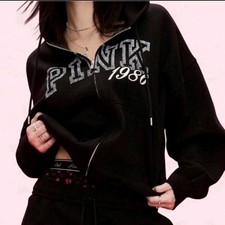 PINK Womens Black Full Zip Hooded Fleece Hoodie Logo Pockets Size XS