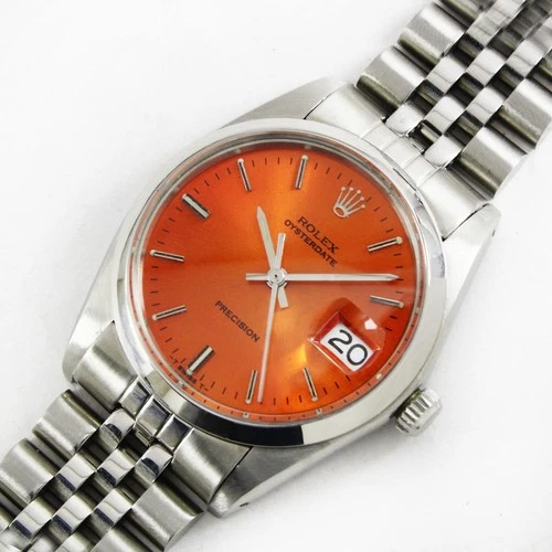 Vintage Rolex Oysterdate Precision Orange Dial 34mm Men Steel Watch Ref 6694