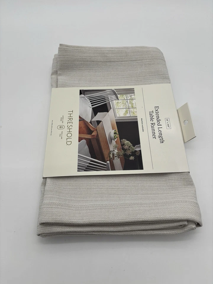 108" x 14" Extended Length Cotton Table Runner Cream - Threshold, NEW - Image 2 of 4