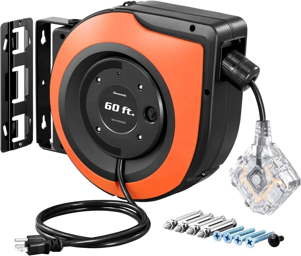 60 FT Retractable Heavy Duty Extension Cord Reel with 6 Outlets - Wall Mounted - Image 3 of 4