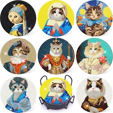 8 Pcs Christmas Cat Diamond Art Coasters Kits with Holder for Beginners Adults
