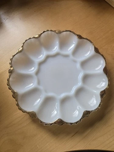Anchor Hocking Fire King Milk Glass Deviled Egg Dish 24k Gold Trim 1950