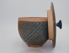 Signed Blue & Brown Lidded Stoneware Studio Art Pottery Jar, Ribbed Ceramic