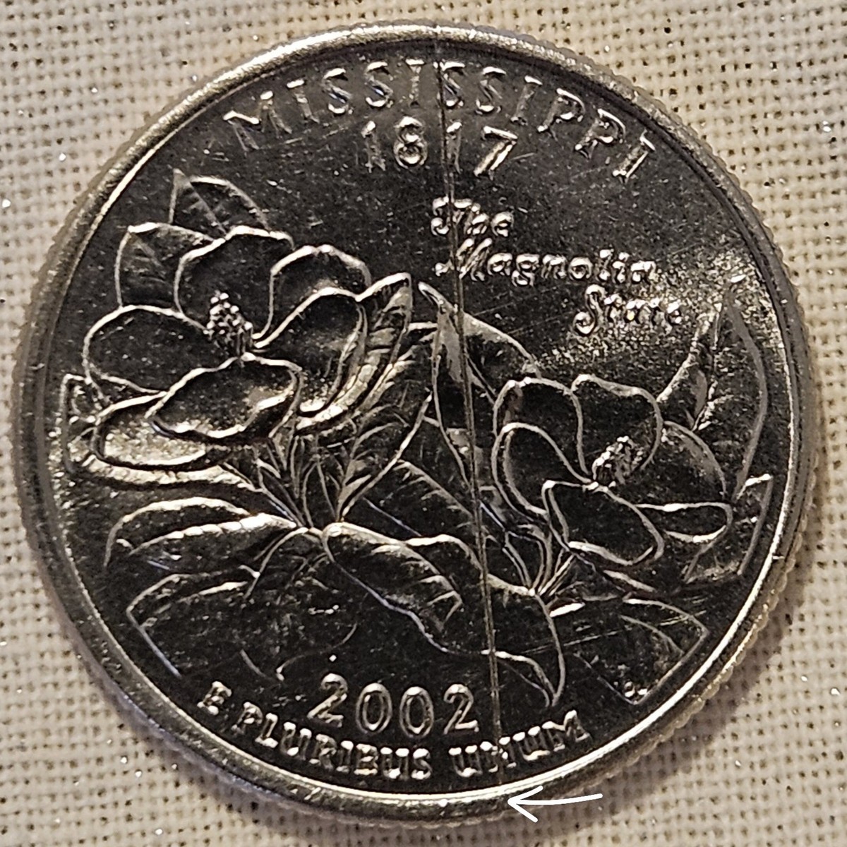 2002-D Mississippi State Quarter With Die Crack Error From Rim To