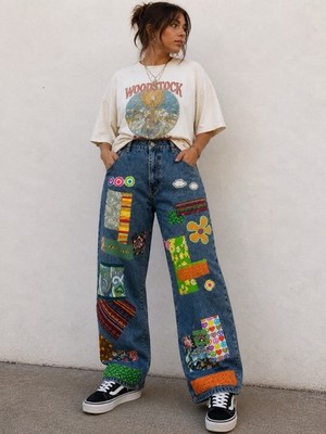 Patchwork Jeans 38x32 Handmade Y2K Boho Festival Baggy Wide Leg Unisex Hippie