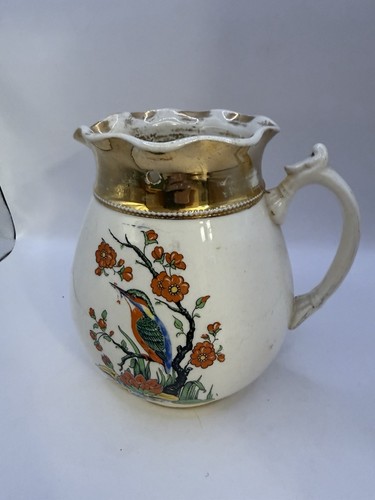 Arthur Wood England Vintage Pitcher with Bird & Flowers – Gold Trim – 7” Tall