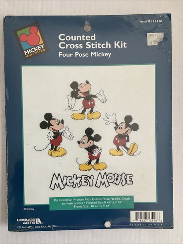Mickey Mouse gezähltes Kreuzstich-Set vier Posen Freizeit Kunst 113428 Vintage - Bild 2 von 3