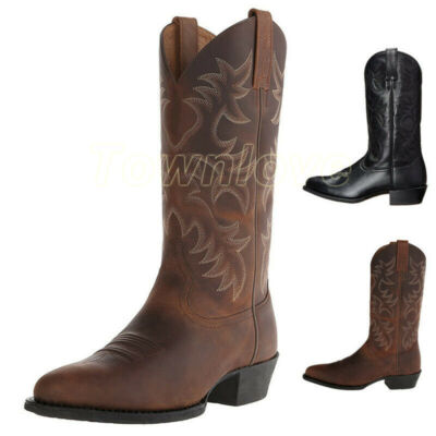 Men Pointed Toe Western Cowboy Boots Embroidery PU Leather High