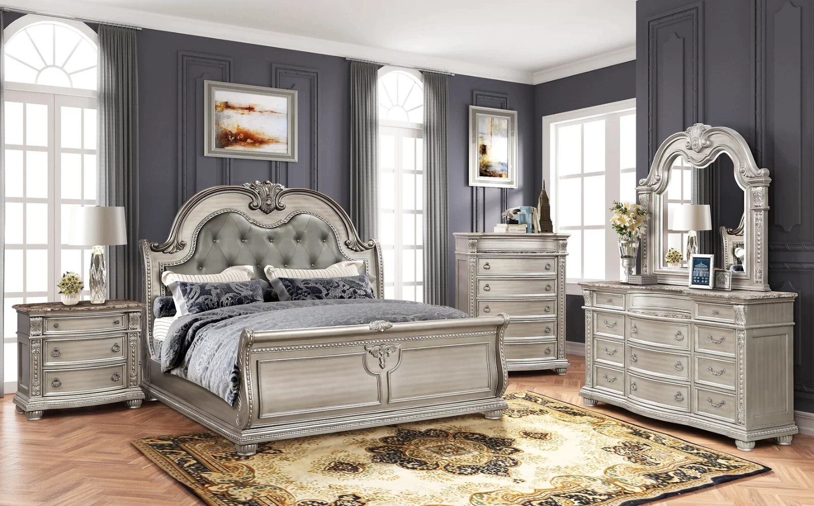 SALE Queen or King 5PC Antique Gray Master Bedroom Set w/ Marble Top