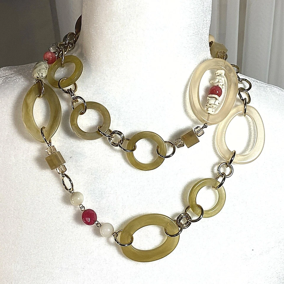 Collar Largo Ajustable 40" Chico's Tono Tierra Lucita Ovalos y Cuentas Madera Foto 3 de 4