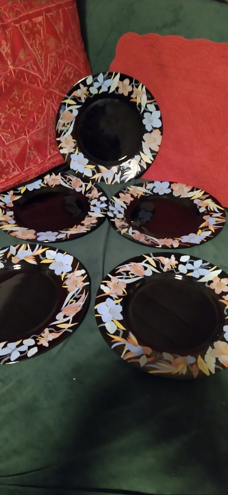 5 Arcoroc Speiseteller France schwarz Blumen Vögel Design 70er Vintage neuwertig