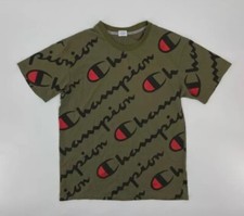 Champion Shirt Youth Size Large Olive Green All Over Print T-Shirt 90s Retro