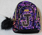 Justice Girls Flip Sequin 10" Mini Backpack Purse J Letter Purple Black