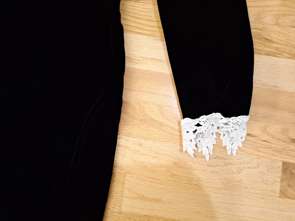 Vintage Puff Sleeve Velvet Long Black White Lace Bodice Trim Formal High Neck L - Image 3 of 4