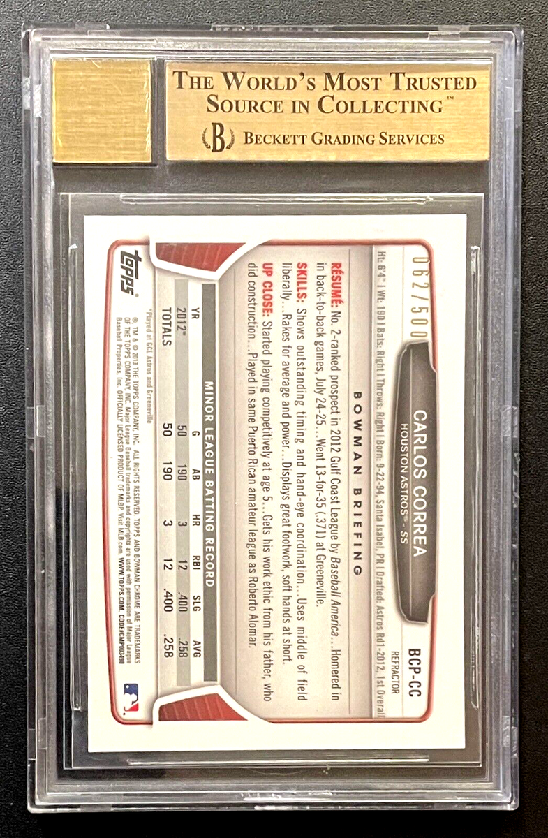 その他 CARLOS CORREA bowman refractor auto 2013 Bowman Chrome Auto/Ref /500 Carlos Correa Rookie BGS 10/10