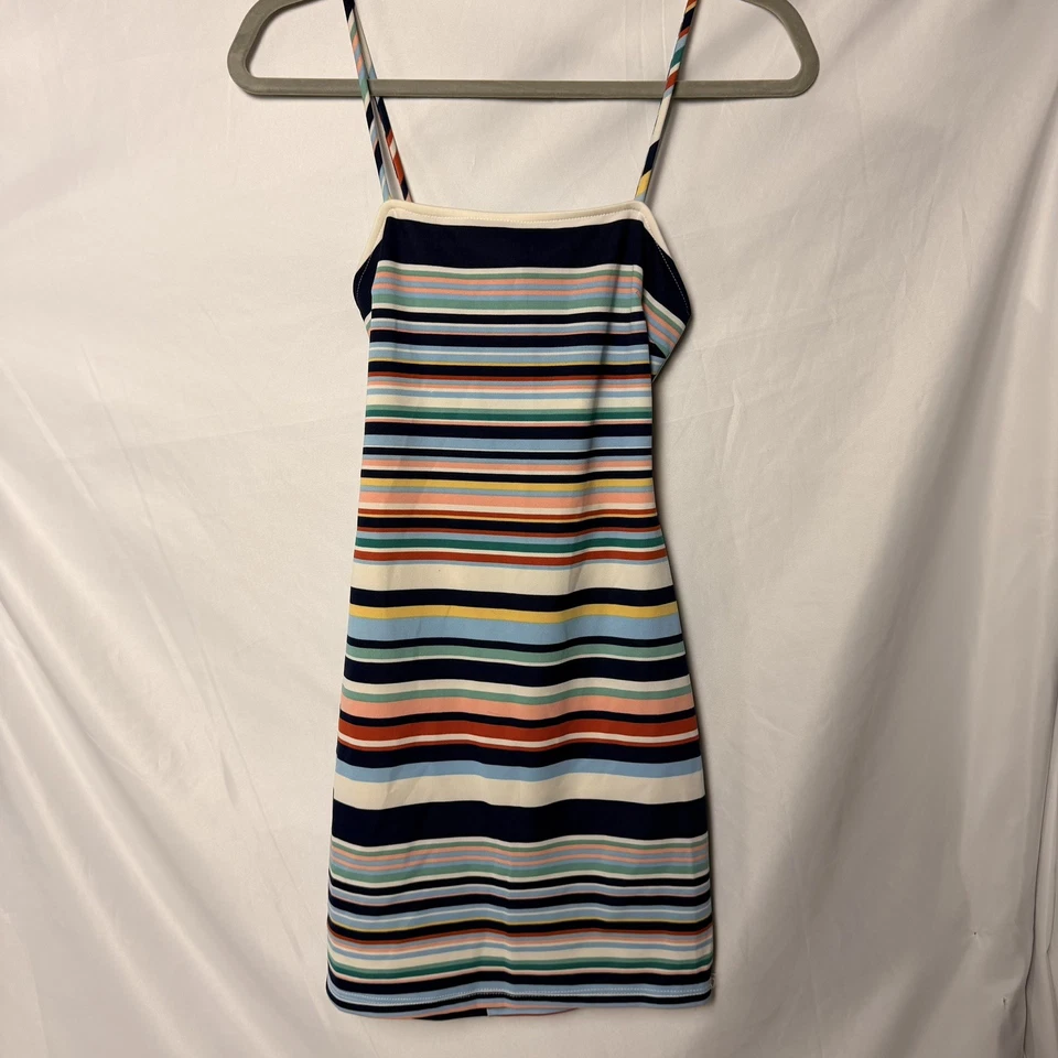 Mini vestido retrô azul marinho vermelho rosa listra arco-íris Bodycon recorte amarrar atrás M - Imagem 3 de 4